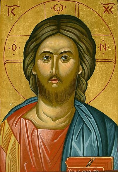 Christus web 18-2-2008 046.jpg - Christus mit dem Evangelium. Hier eine Gesichtsstudie. Das Inkarnat wird mit vielen kleinen Pinselstrichen teils deckend, teils transparent in mehreren Arbeitsschritten aufgetragen.
Nach einer Vorlage des greichischen Ikonenmalers Theophanis, 1546