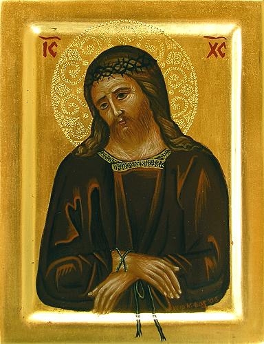 Dornenkrone web 18-2-2008 007.jpg - Abschrift von: Jesus als Mensch. 16. Jhd., Hermitage Museum, St. Petersburg. Byzantinische Malweise mit venezianischem Einfluss.
Original 33,4 x 24,7 cm. 
Hier eine Miniatur 12 x 15 cm, ausgehobenes Lindenholz, Polimentvergoldung, Nimbus mit handgeprägtem, floralem Muster. 