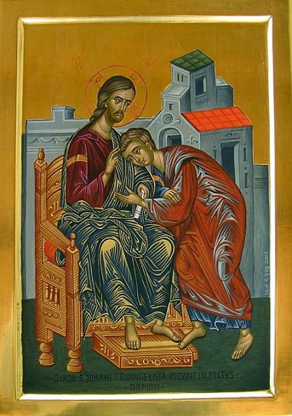 Johannis-Christus web 18-2-2008 034.jpg - Abschrift von einem Tryptychon 15. Jhd. Museum Tretjakov
Johannis beugt sich in liebevoller, vertrauensseliger Geste dem ihn segnenden Cristus zu. Sehr seltene, weil innige Darstellung des Themas. Arbeit auf einem ausgehobenen Lindenholz mit Polimentvergoldung.