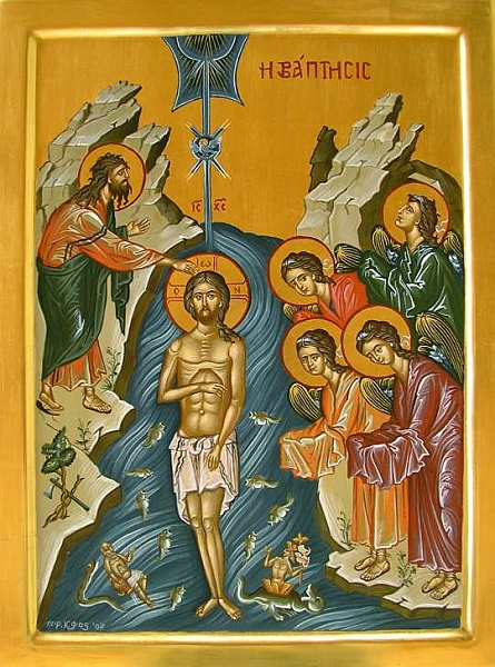 Taufe web 18-2-2008 037.jpg - Abschrift einer Ikone von Theophanes, dem Kreter, Ende 15. Jhd. aus dem Kloster Stavronikita auf Kreta. Das Original befindet sich jetzt im Berg Athos.
Christus wird von Johannes, dem Vorläufer im Fluss getauft. Darin Fische, welche die Sünden "auffressen" und der personifizierte Jordan (Figur links im Bild) sowie das Meer (Figur rechts im Bild). Die Axt am Baum erinnert an den Vers Mathäus 3,10. Rechts am Ufer stehen 4 Engel, voller Ehrfurcht die Händ mit ihren Umhängen bedeckend. Einer von ihnen schaut herauf zum blauen Strahl, aus dem eine Taube (Symbol des Hl. Geistes) auf Christus hernieder zu fleigen scheint. Die von Felsen gerahmten Wasser, in denen Christus steht, sind gleichzeitig ein Symbol für dessen späteres Grab/Sarg.